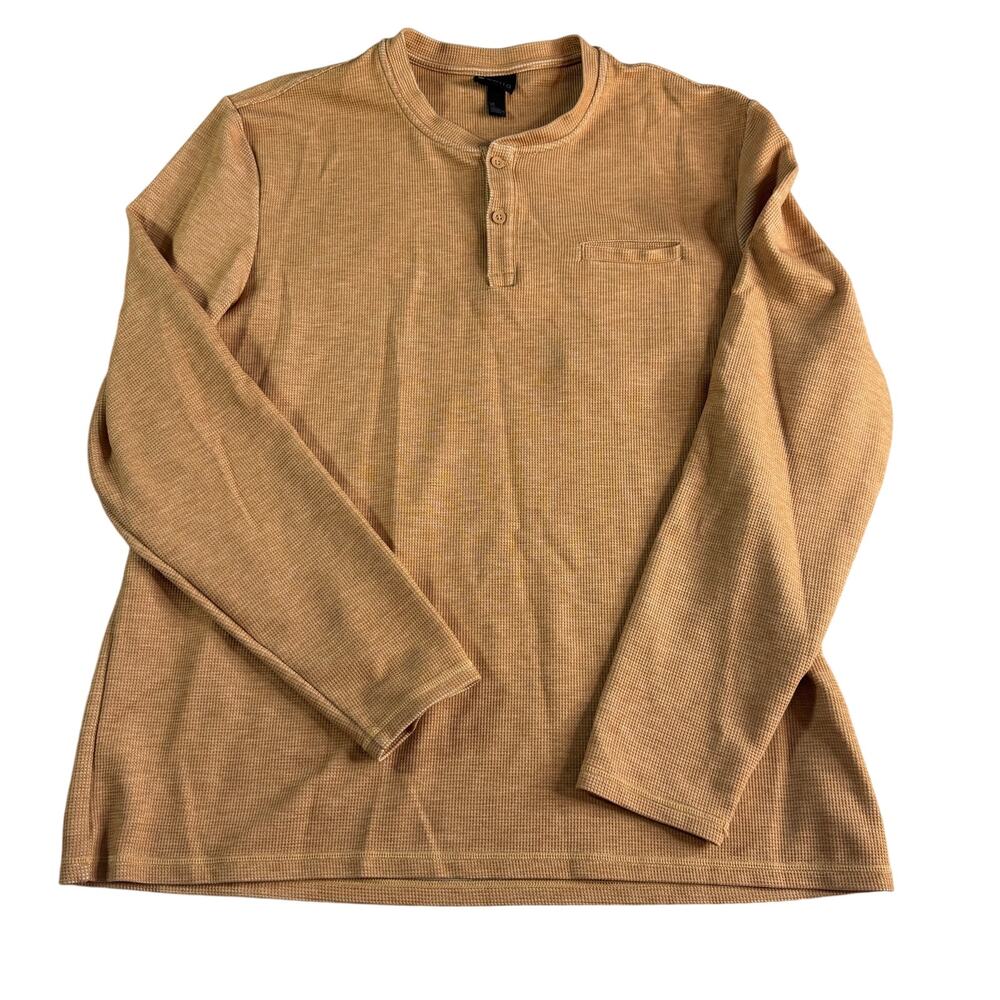 Zella Waffle Knit Henley Shirt Mens XL Tan Long Sleeve Pocket Stretch Casual